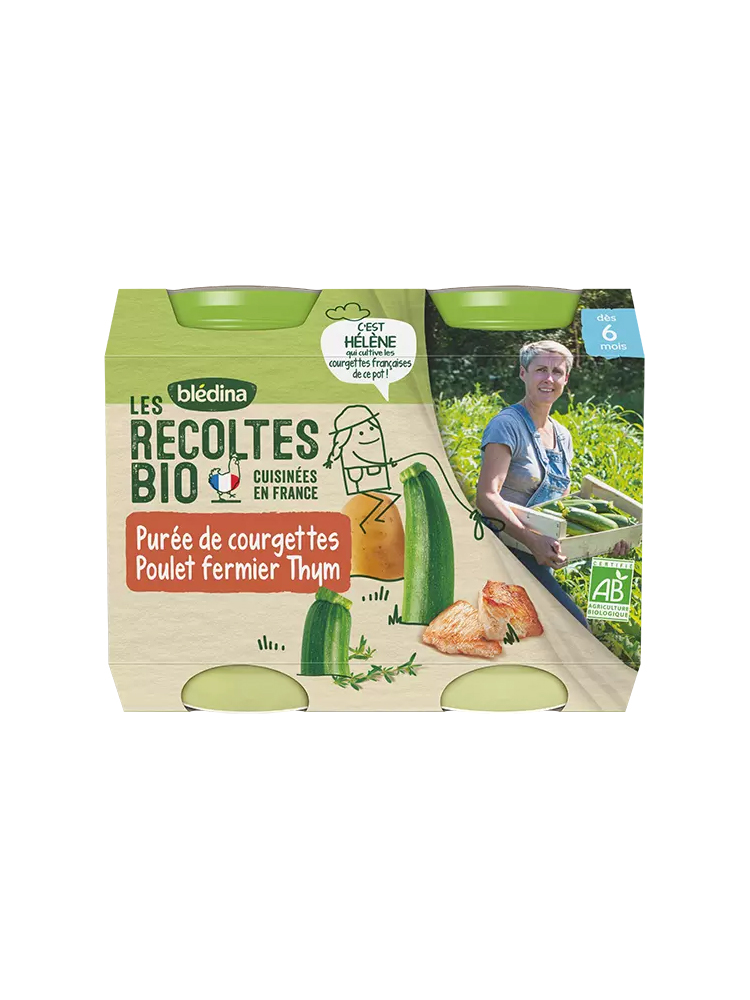 Blédina Les Récoltes Bio Purée de Courgettes Poulet Fermier Thym dès 6 Mois Biologique 2 POTS